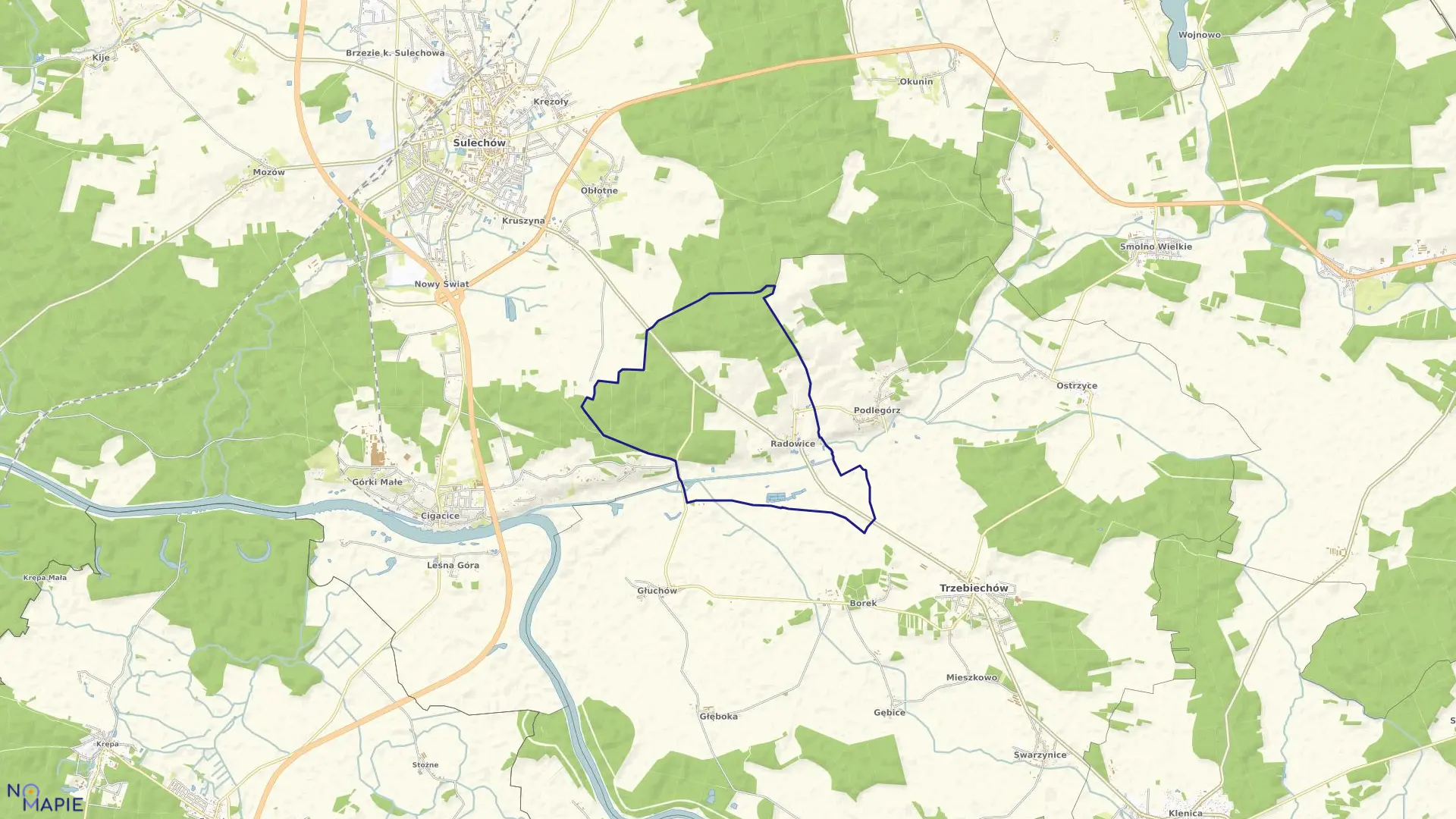 Mapa obrębu Radowice w gminie Trzebiechów