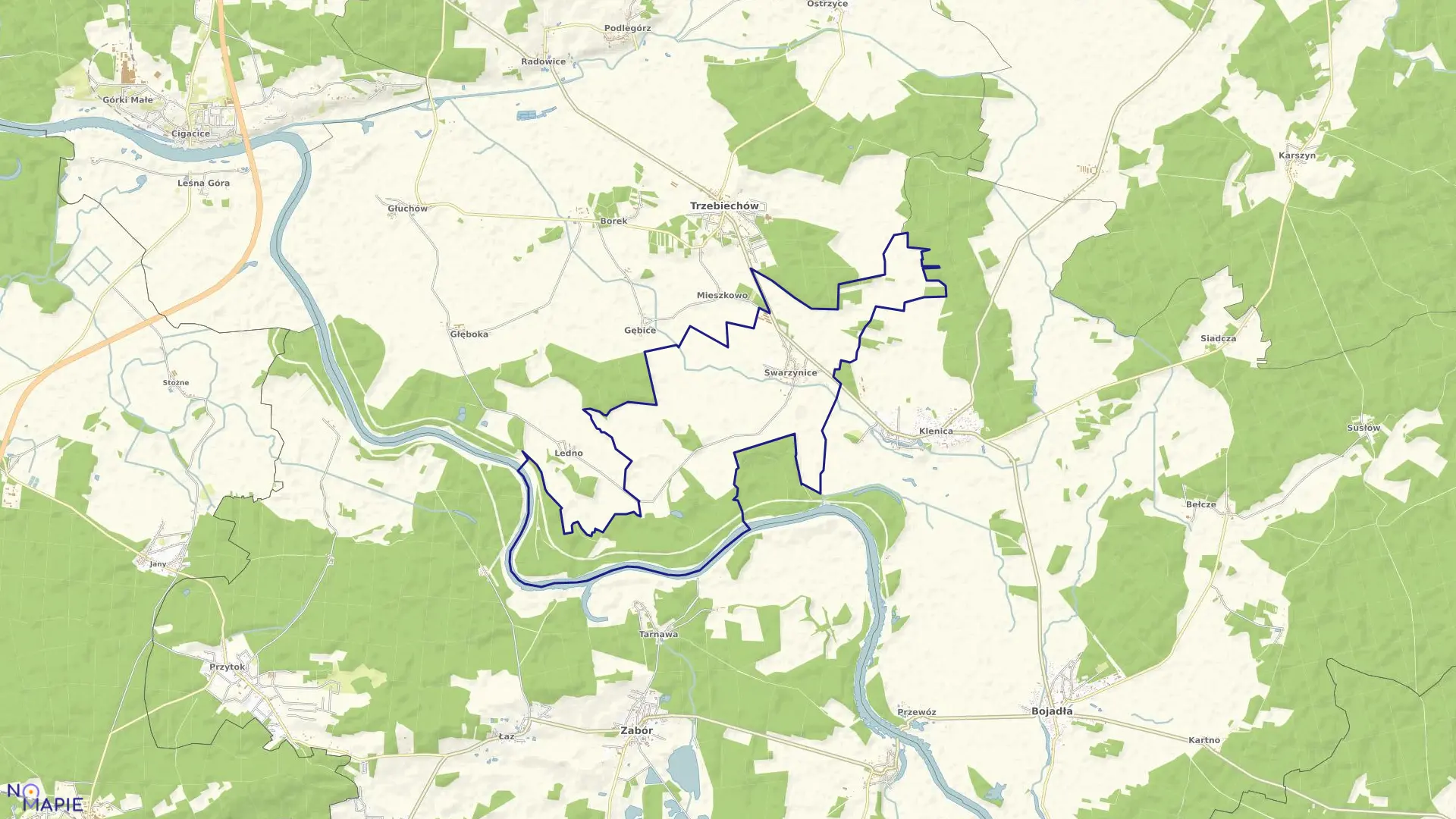 Mapa obrębu Swarzynice w gminie Trzebiechów